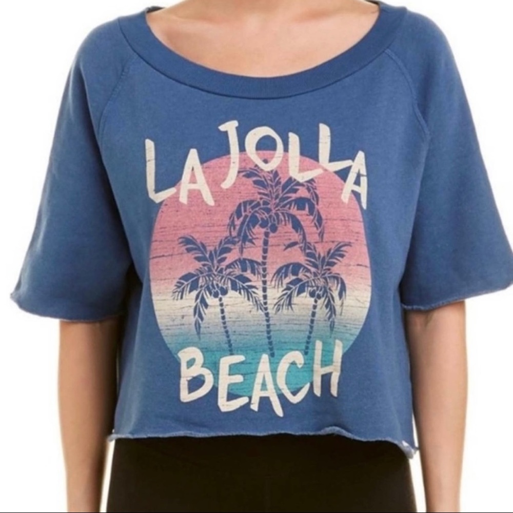 Avocado Brand Women's Cropped Sweatshirt Top Sz XS La Jolla Short Sleeve Blue